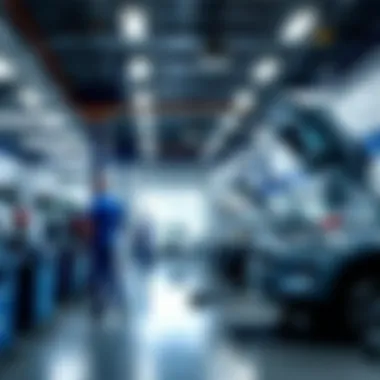 Service area with technicians working on a Ford vehicle