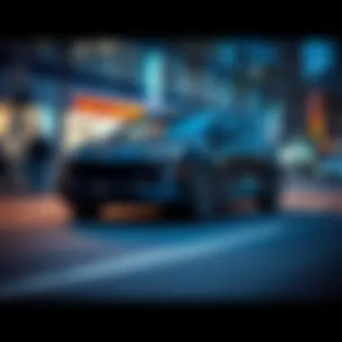 Electric Vehicle in Urban Setting A sleek electric vehicle on a modern city street