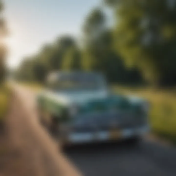 A vintage car parked along a scenic rural road in Beaver Dam