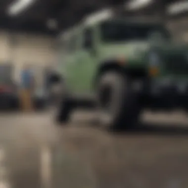 A customer inspecting a Jeep vehicle in the showroom