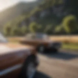 Elegant brown used car parked in a picturesque landscape