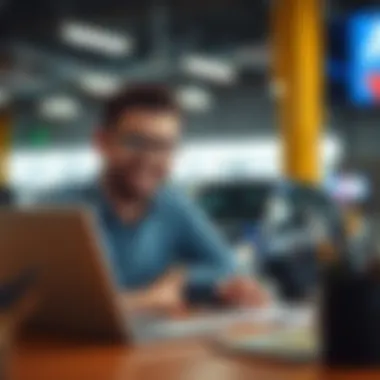 An enthusiastic individual reviewing automotive listings on a laptop