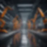 A futuristic assembly line showcasing advanced robotics in automotive production.