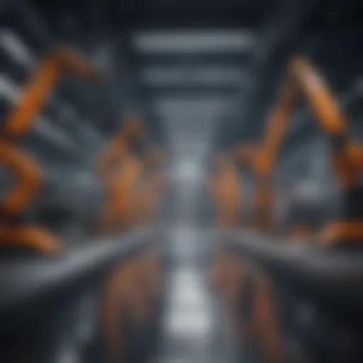 A futuristic assembly line showcasing advanced robotics in automotive production.