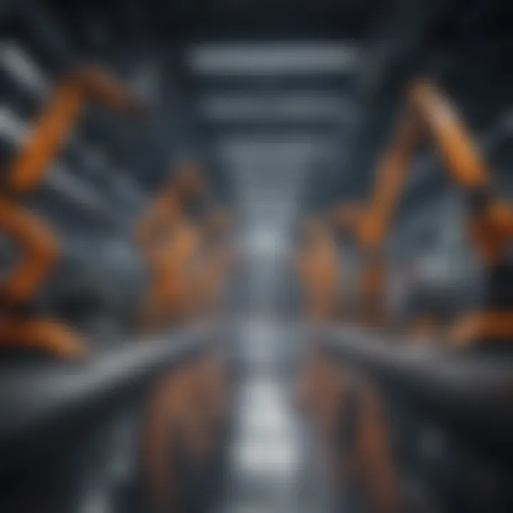 A futuristic assembly line showcasing advanced robotics in automotive production.