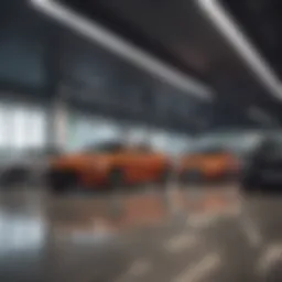 Interior view of a modern car dealership with vehicles on display