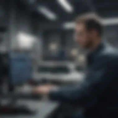 Engineer analyzing data on a computer in an automotive lab