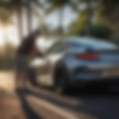 An automotive enthusiast examining a vehicle in Maui.