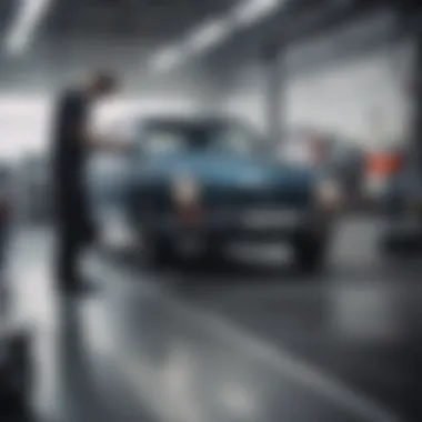 A technician performing an inspection on a Volkswagen vehicle inside the service center