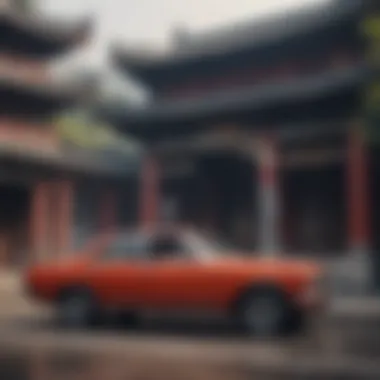 Traditional Chinese architecture with modern car passing through