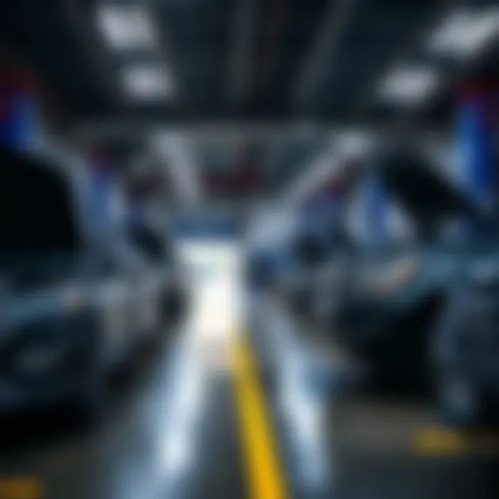 Jay Hatfield Ford Service Department Service area at Jay Hatfield Ford with technicians performing maintenance on vehicles