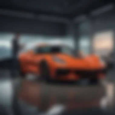 Customer Engagement in a High-End Corvette Showroom A professional sales representative engaging with a customer in a luxury car showroom.