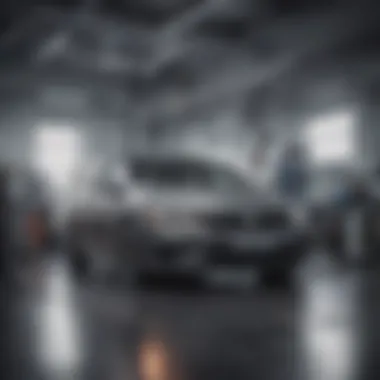 Service area of a VW dealership with technicians at work