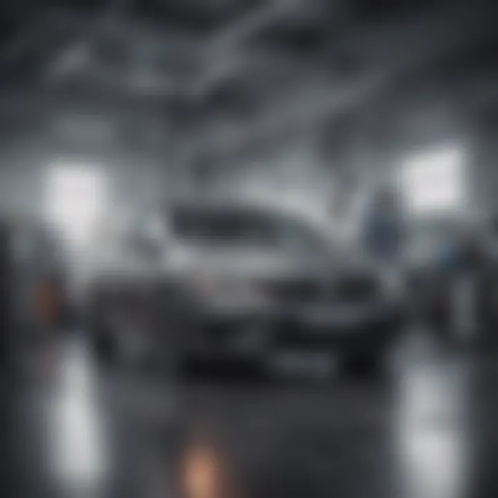 Service area of a VW dealership with technicians at work