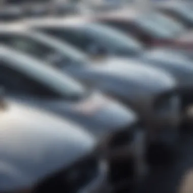 Close-up of pricing tags on various used cars at Meegan Ford
