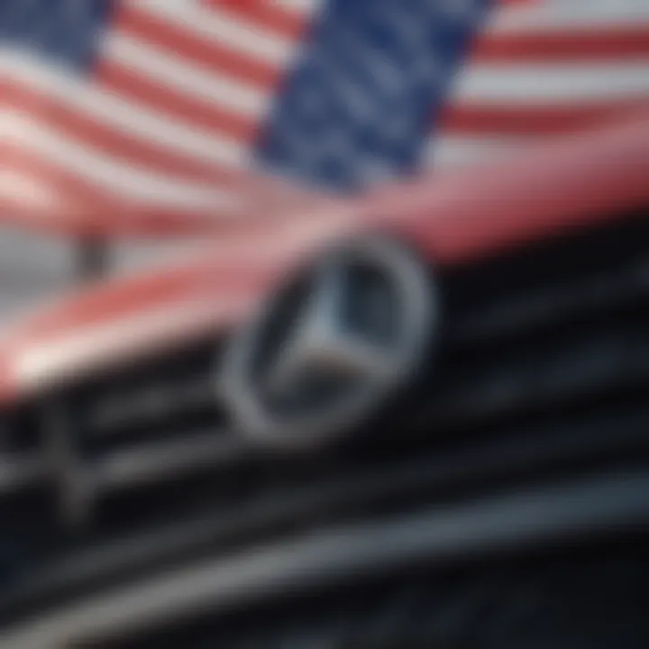 Mercedes-Benz logo shining brightly against a backdrop of American flag