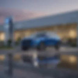 Exterior view of a modern Ford dealership in Metro Atlanta showcasing vehicles