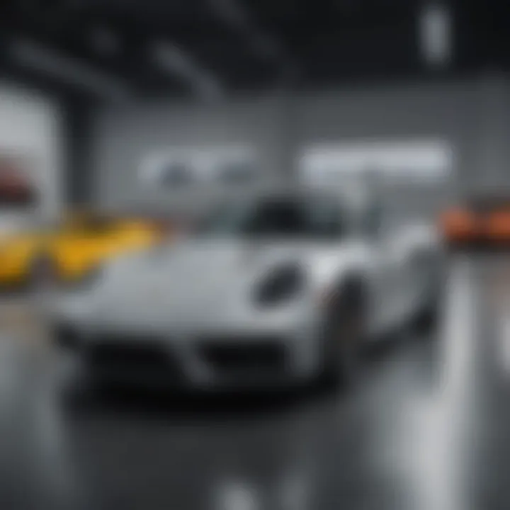 Showroom display of different Porsche models available for purchase