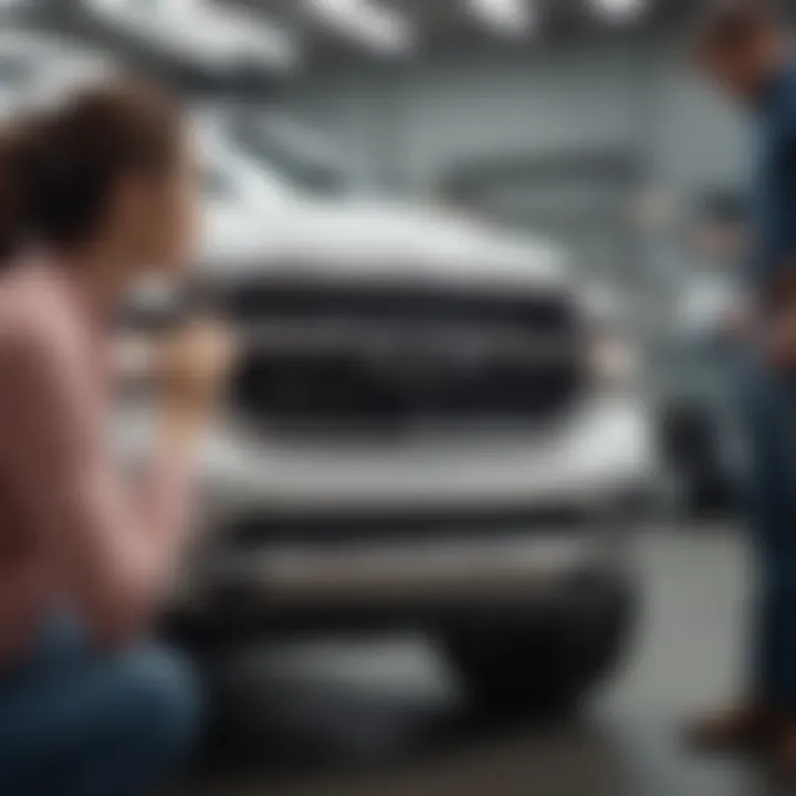 Customer evaluating a RAM vehicle at a dealership