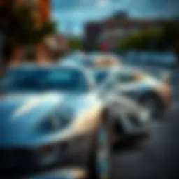 A collection of gleaming silver cars parked elegantly in a Nashville street.