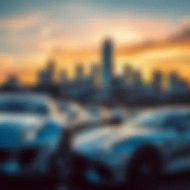 Nashville Skyline with Silver Automotive Accents A vibrant Nashville skyline with silver cars in the foreground during sunset.