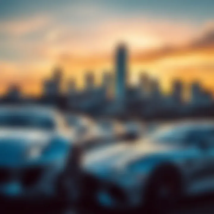 Nashville Skyline with Silver Automotive Accents A vibrant Nashville skyline with silver cars in the foreground during sunset.