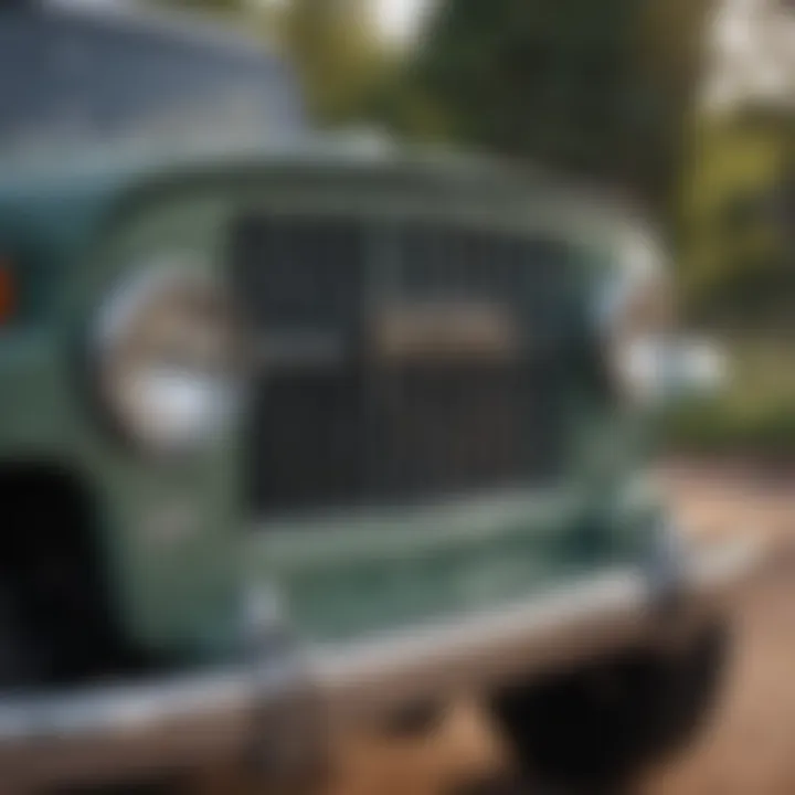 Close-up view of the iconic grille and headlights of a vintage Jeep model.