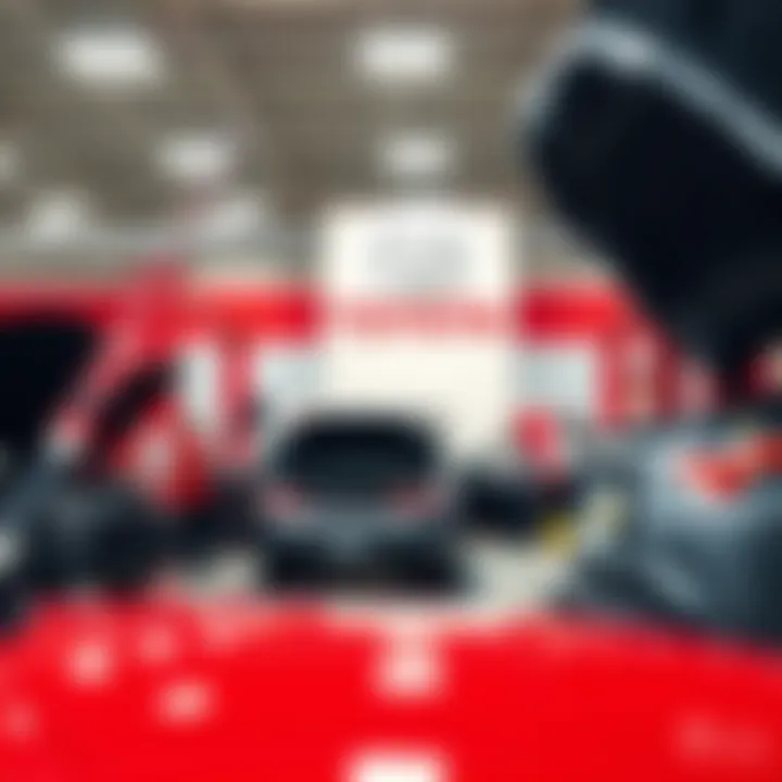 A service center at a Toyota dealership with technicians at work on vehicles