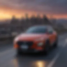 Exterior view of Hyundai Kona EV against a Los Angeles skyline