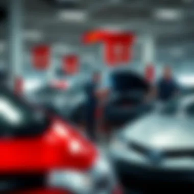 Service department with technicians working on Toyota vehicles