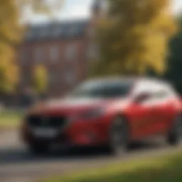 A Mazda car parked on a university campus with students walking by