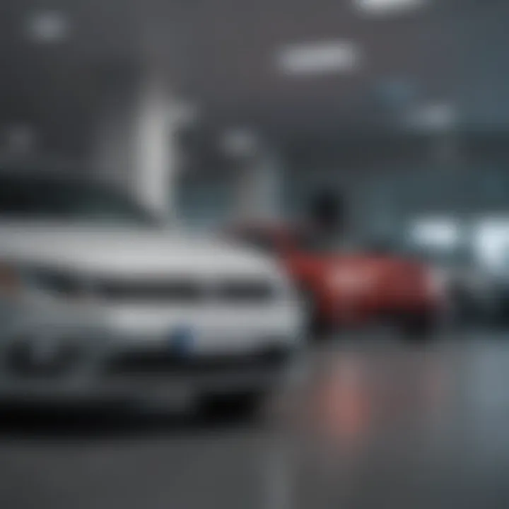 Interior of a Volkswagen dealership showcasing various models