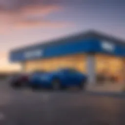 Exterior view of Wise Auto showcasing the dealership's modern architecture and vibrant signage