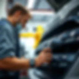 Service technician examining a Ford vehicle