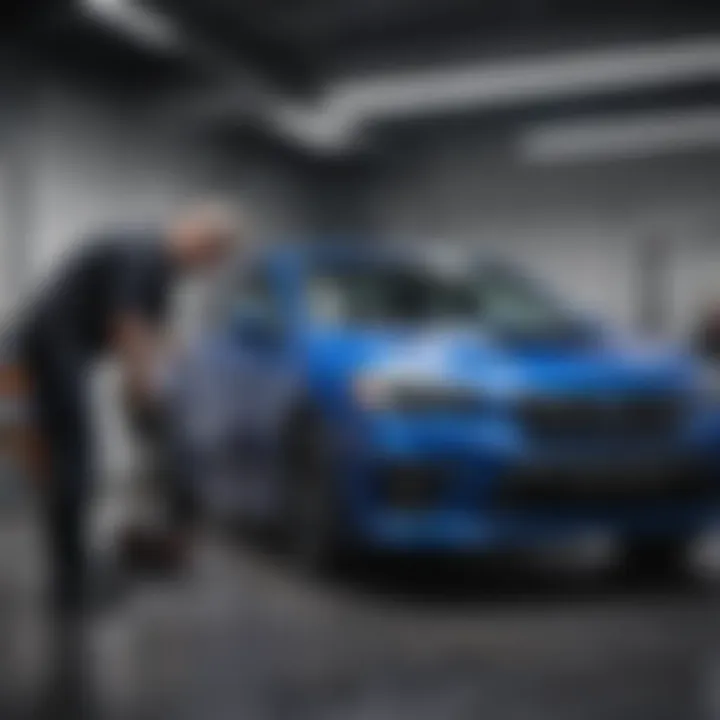 Service technician performing maintenance on a Subaru vehicle