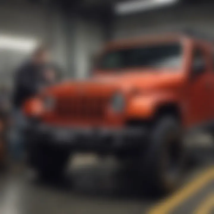 Service area at Kelly Jeep featuring technicians working on vehicles