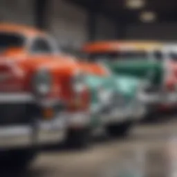 Vintage cars lined up at Bill Collins Used Cars