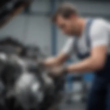 Mechanic working on a Subaru engine at Falcone Subaru Indy service center