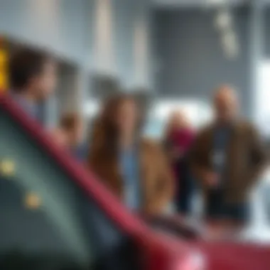 Group of satisfied customers leaving the dealership