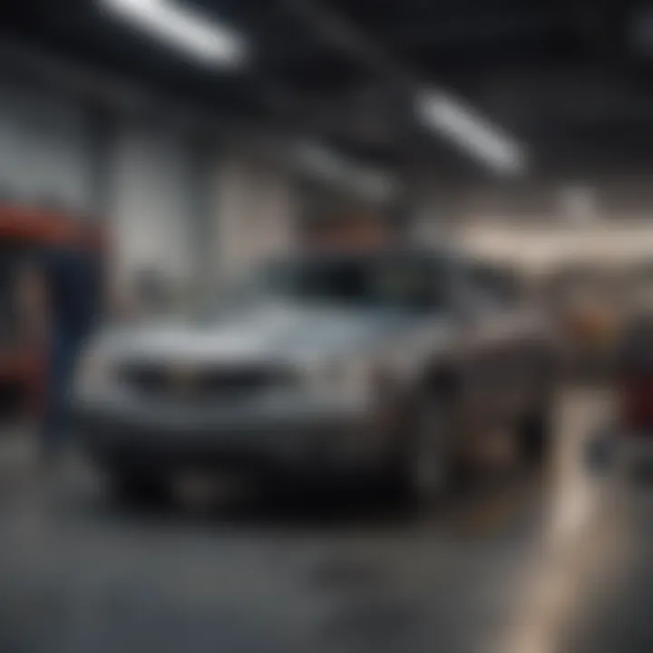 Service department featuring technicians working on vehicles, emphasizing quality service