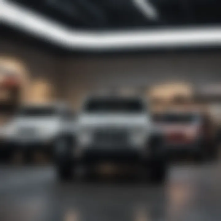 Interior of a Jeep dealership with vehicles on display