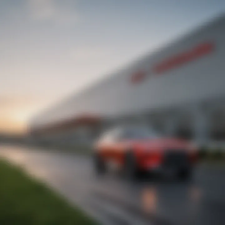 Exterior view of the Nissan factory in Mississippi, showcasing its modern architecture and expansive grounds.