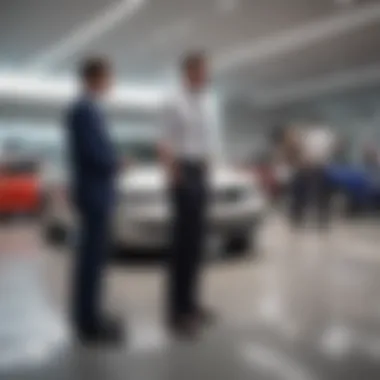 A friendly staff member assisting a customer inside Ourisman Car Dealer's showroom