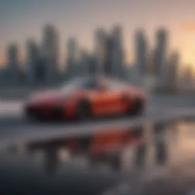 Luxurious Porsche showcasing Miami's skyline Sleek Porsche in front of Miami skyline