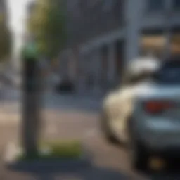 A modern public electric car charging station in an urban setting, showcasing the integration of green technology.