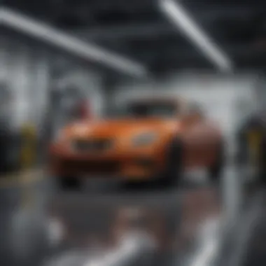 Service bay at Rohrman Nissan featuring technicians working on vehicles