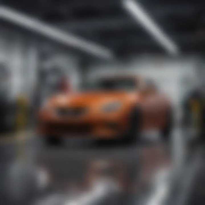 Service bay at Rohrman Nissan featuring technicians working on vehicles