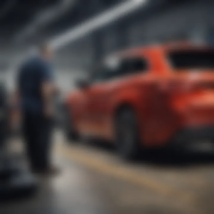 Service center at the dealership with technicians working on vehicles