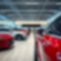 Interior view of a modern auto dealership showcasing various car models