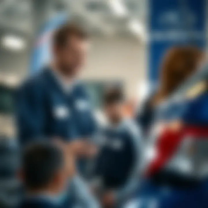 A friendly Subaru service staff member assisting a customer at the service center